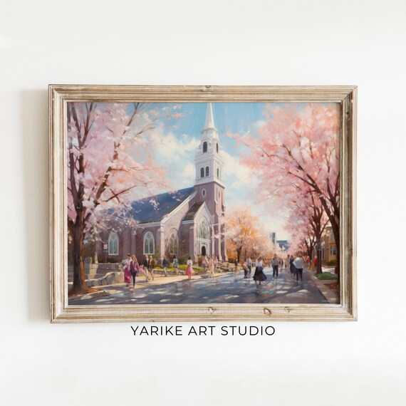 Cherry Blossom Lined Church Street Springtime City Art Poster