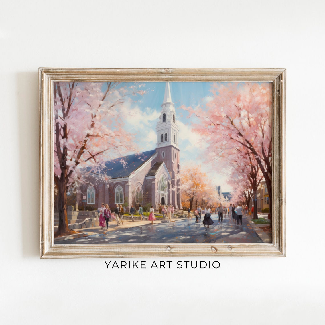 Cherry Blossom Lined Church Street Springtime City Art Poster