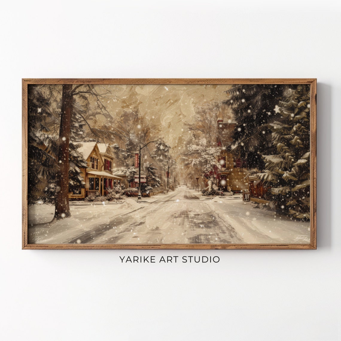 Vintage Winter Town Night Frame Tv Art Christmas Frame Tv Screensaver Warm Tone Holiday Winter Village Landscape Painting 83 Tv