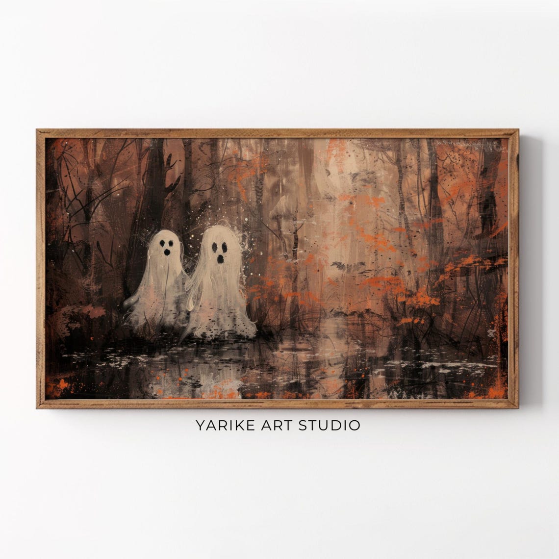 Two Cute White Ghosts Autumn Forest Lake Reflection Art Poster