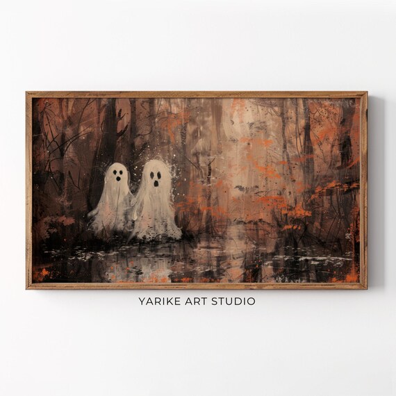 Two Cute White Ghosts Autumn Forest Lake Reflection Art Poster
