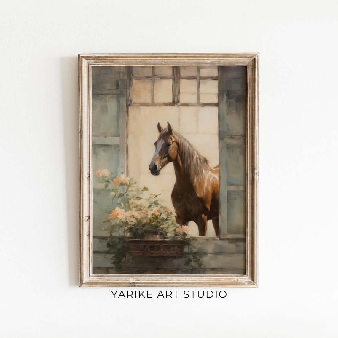 Chestnut Horse At Vintage Stable Window With Flower Box Print
