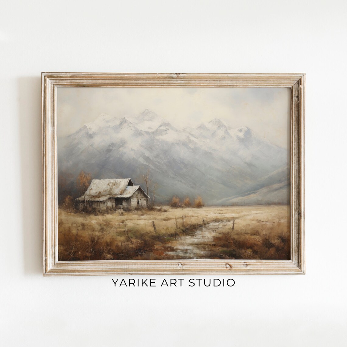 Old Barn Golden Field Misty Mountains Rustic Country Art Poster