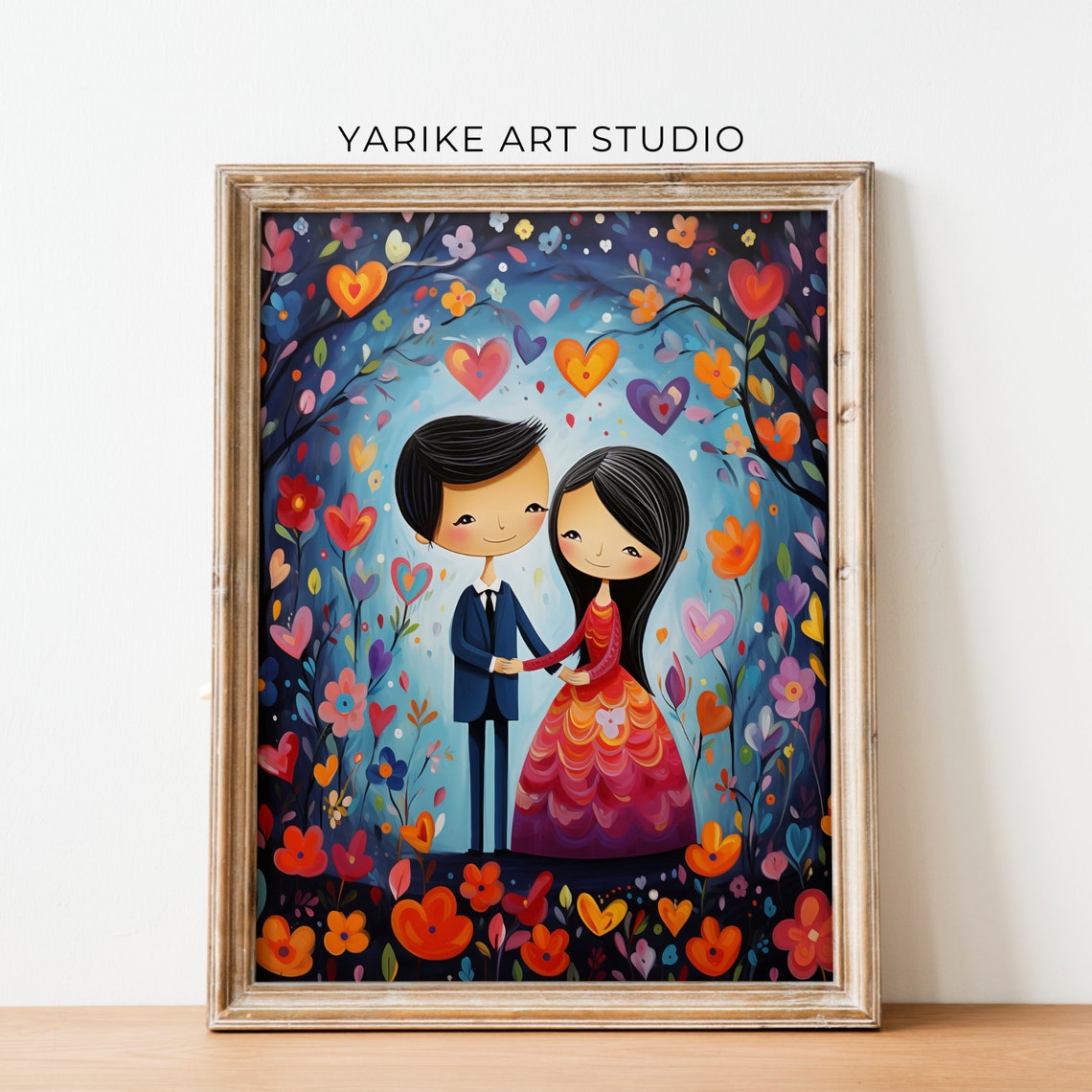 Whimsical Couple Under Heart Tree Romantic Folk Art Love Print