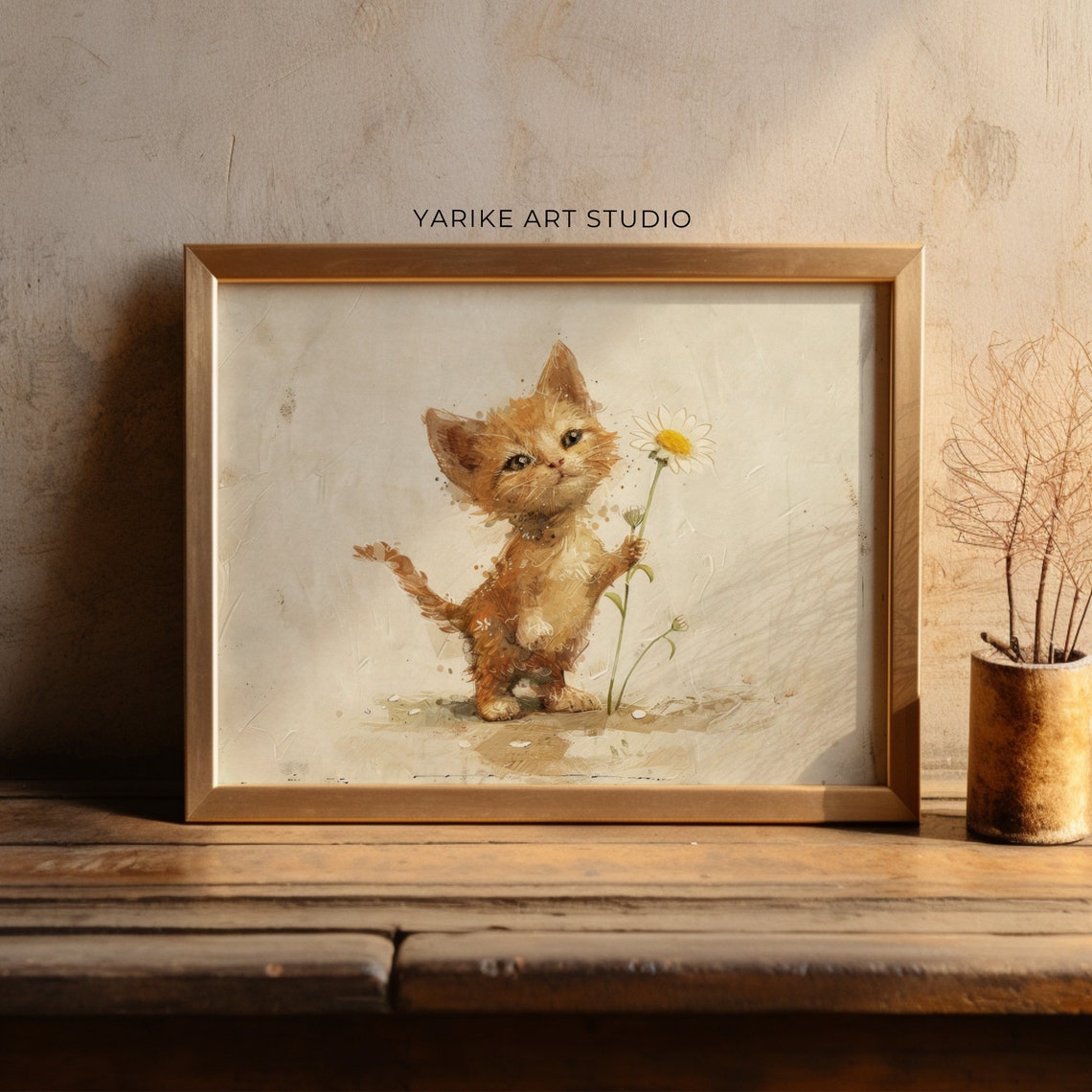 Cute Ginger Kitten Watercolor Daisy Flower Kitten Painting Poster - Image 3