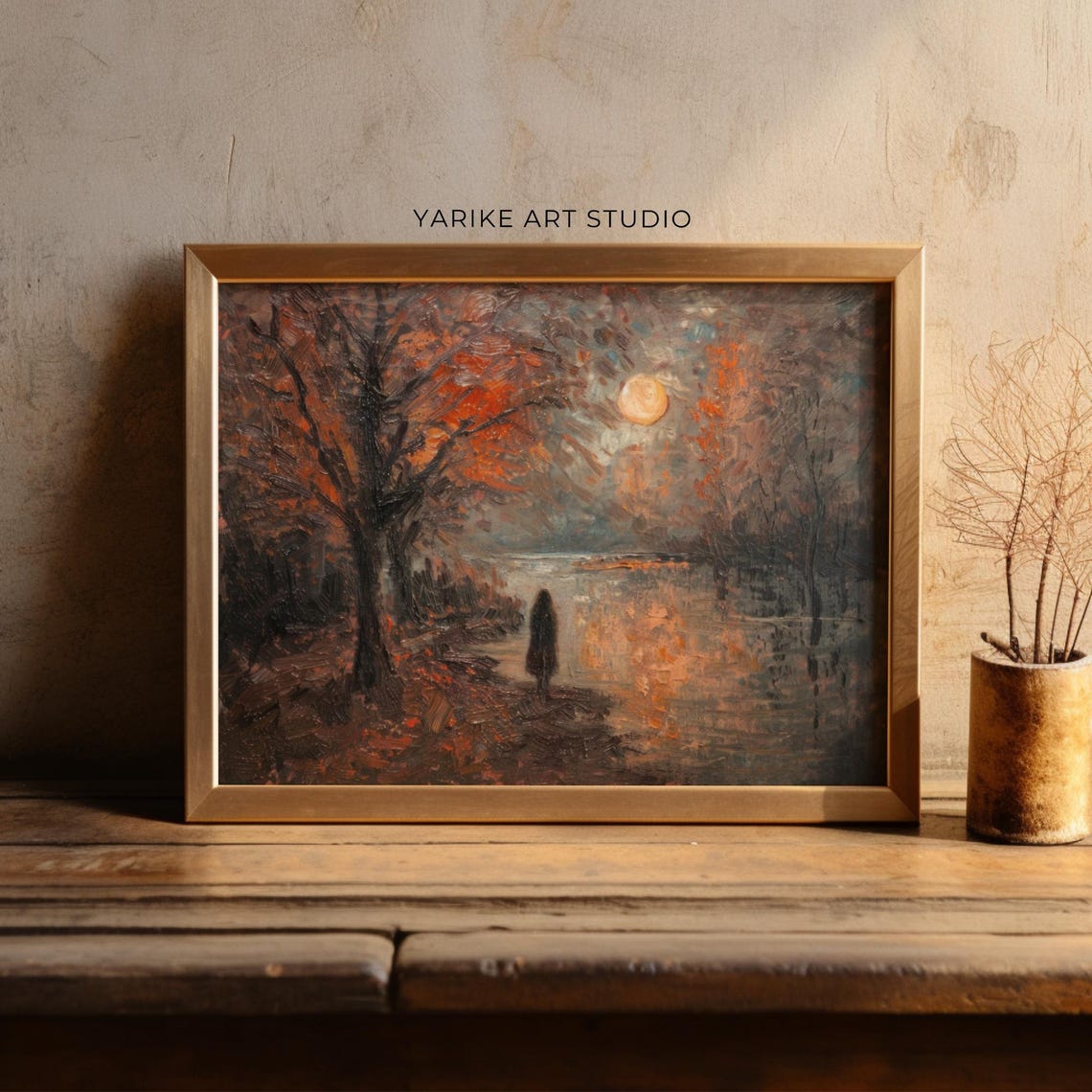 Moody Night Lake Moonlight Reflection Lone Figure Autumn Poster - Image 3