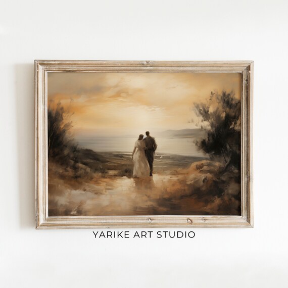 Moody Romantic Mediterranean Landscape Print Seaside Couple Painting Vintage Valentines Day Poster Yarike 256 Ai