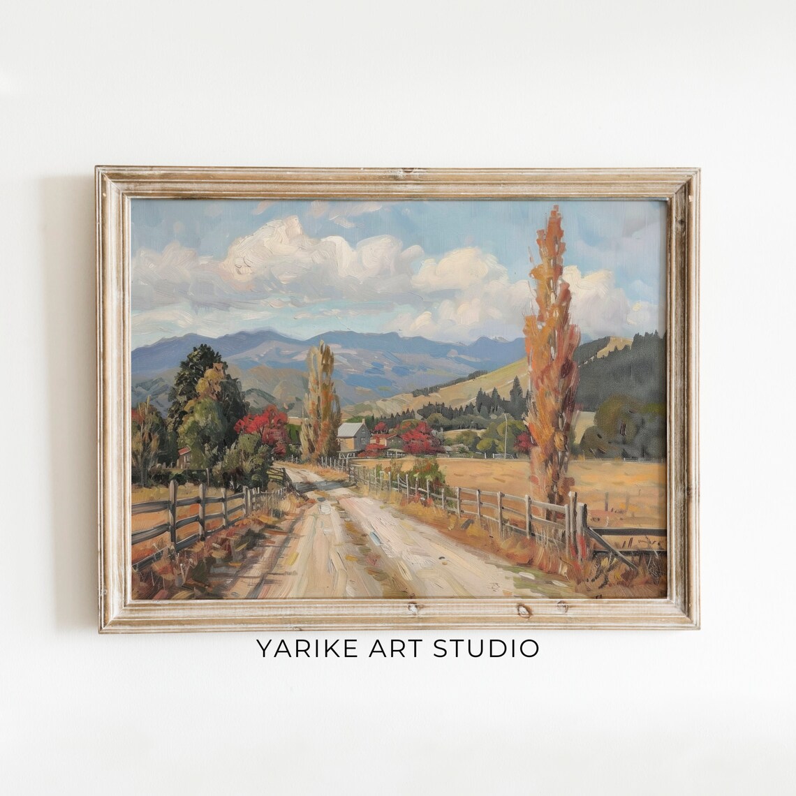Autumn Country Road with Fences Mountains Vintage Landscape Poster
