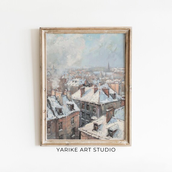 Snow Covered Rooftops European Winter Town Impressionist City Poster
