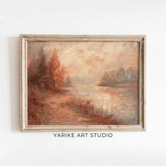 Soft Autumn Lake Landscape Muted Pink Peach Tonal Painting Poster