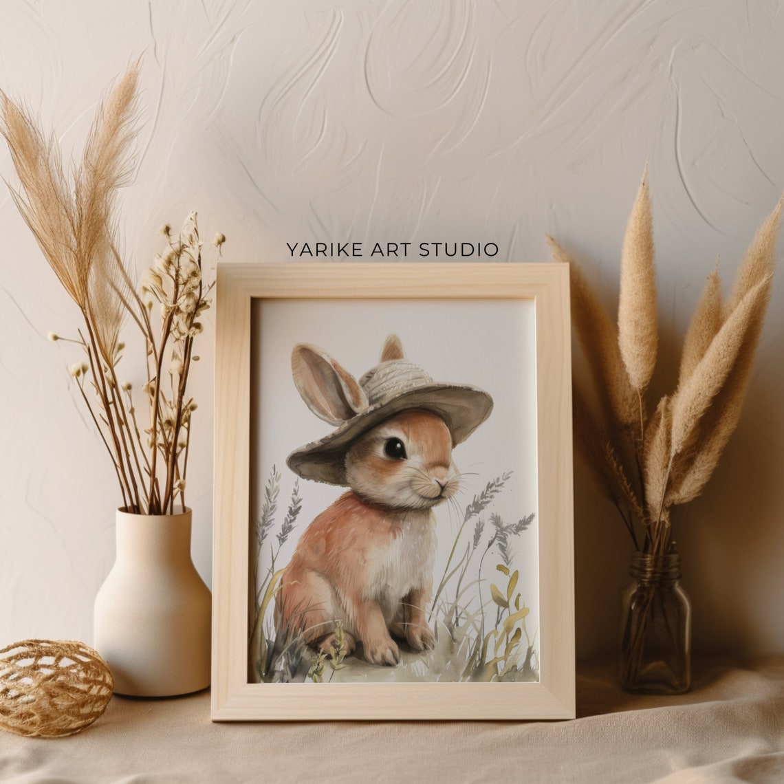 Cute Bunny Wearing Straw Hat Watercolor Rabbit Nursery Poster - Image 3