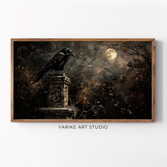 Black Raven on Stone Pillar Full Moon Dark Gothic Night Art Poster