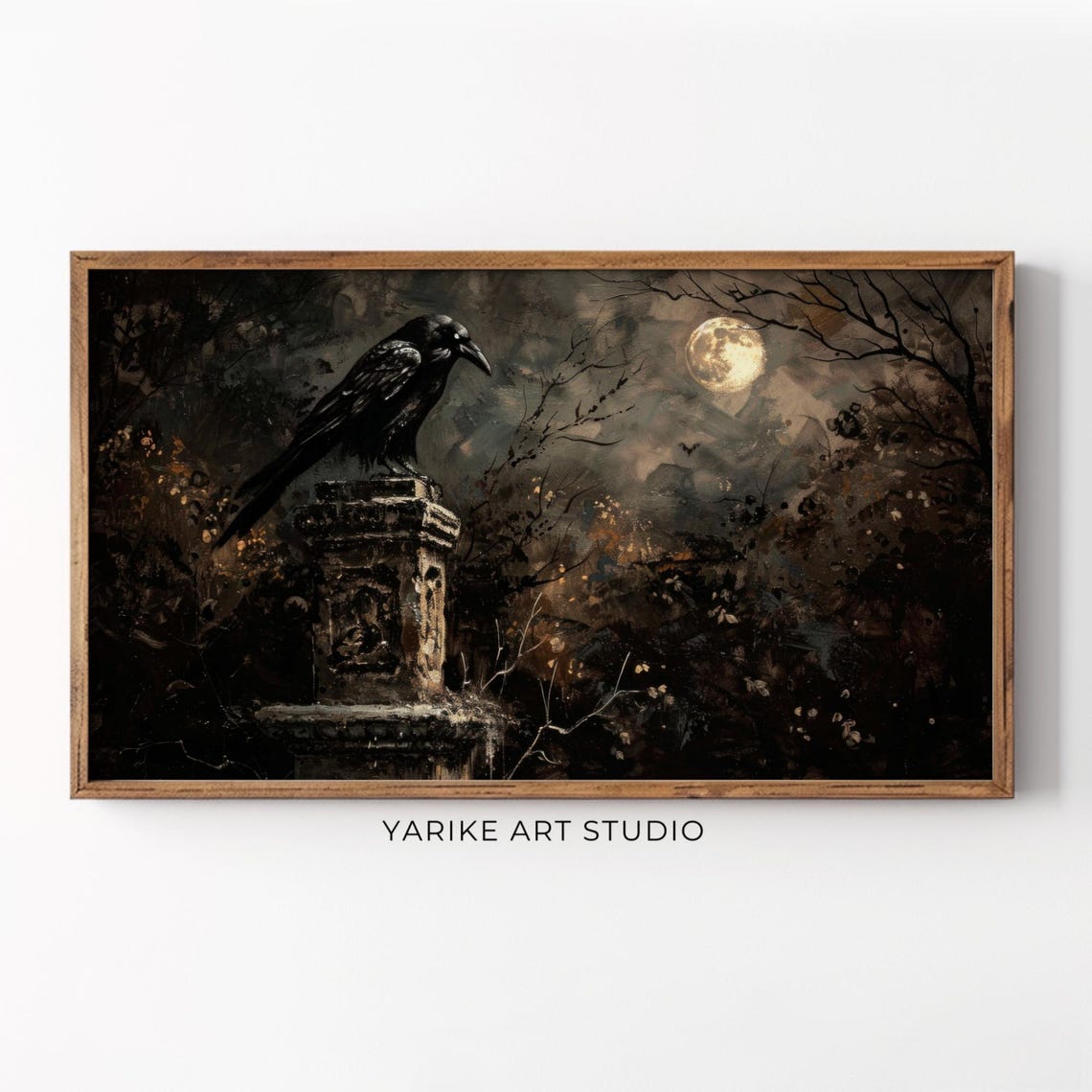 Black Raven on Stone Pillar Full Moon Dark Gothic Night Art Poster