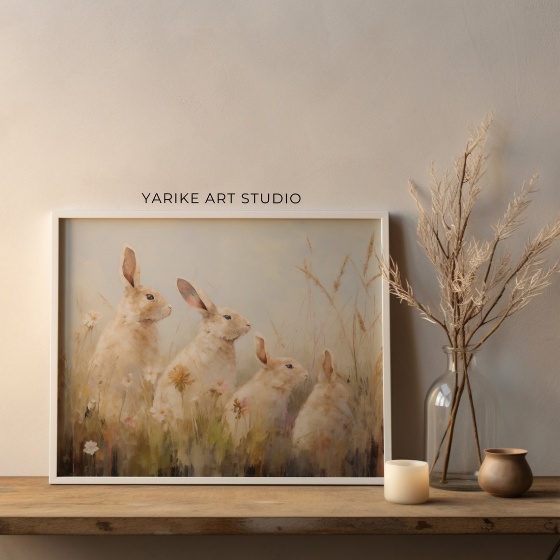 Four White Rabbits In Wildflower Meadow Spring Easter Poster - Image 2