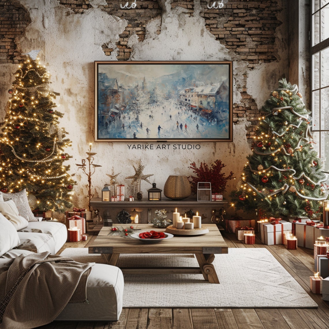 Winter City Ski Snow Frame Tv Art Winter Town Painting For Tv Christmas Frame Tv Art File Winter Holiday Tv Art 71 - Image 2