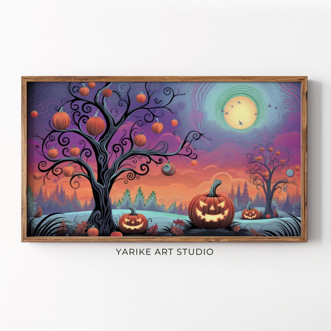 Whimsical Pumpkin Tree Jack O Lanterns Purple Sunset Folk Art Poster