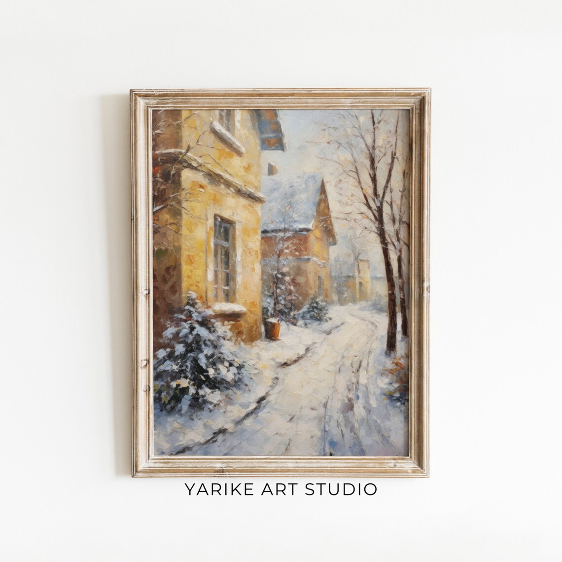 Vintage Snowy Village Street Winter Oil Painting Charming Poster