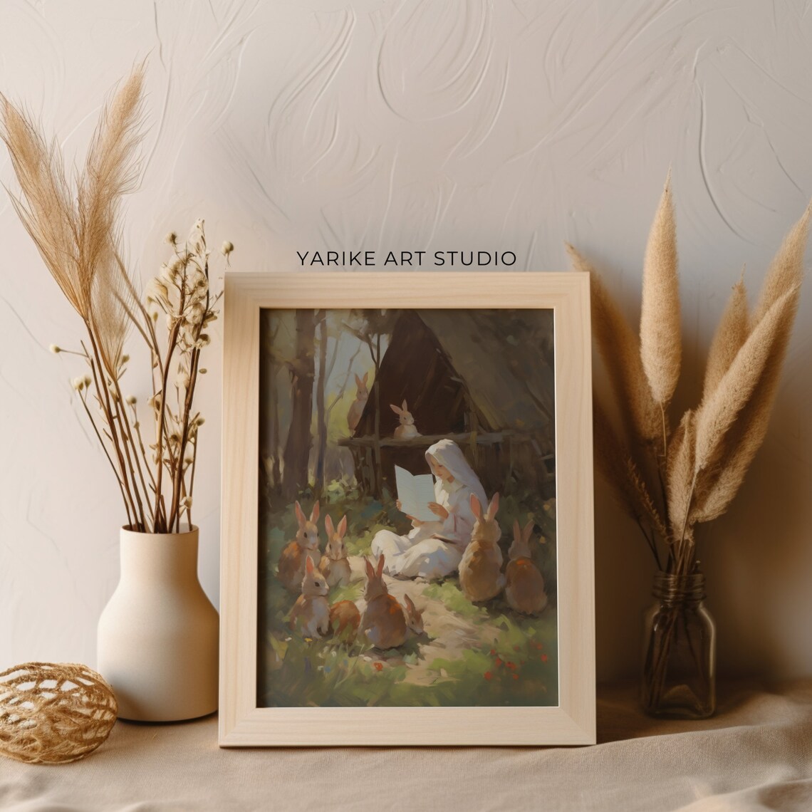 Whimsical Girl Reading to Forest Bunnies Woodland Art Poster - Image 2