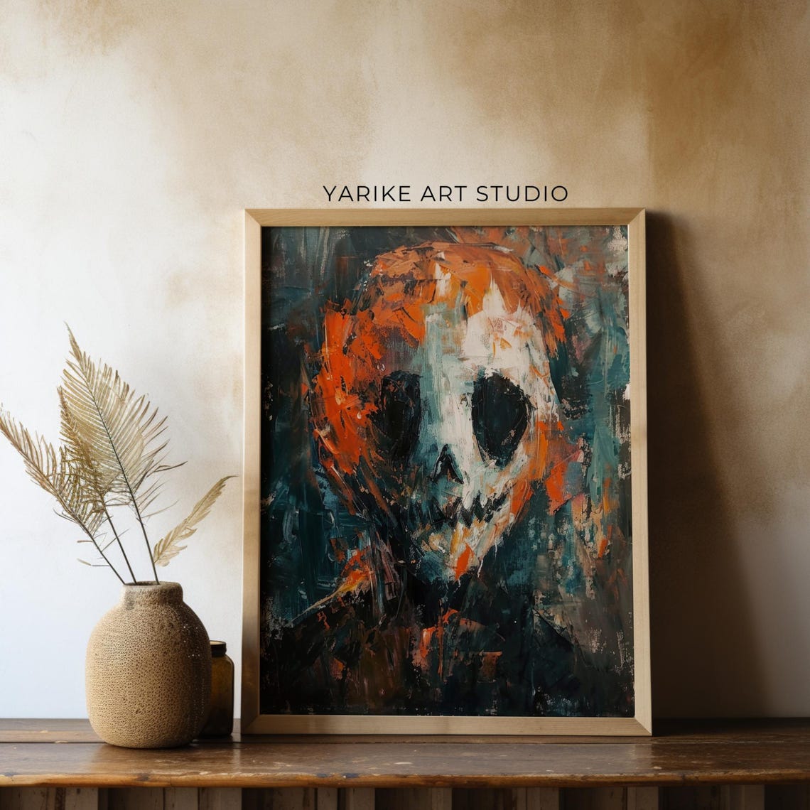 Abstract Skull Portrait In Orange And Teal Impasto Paint Poster - Image 3