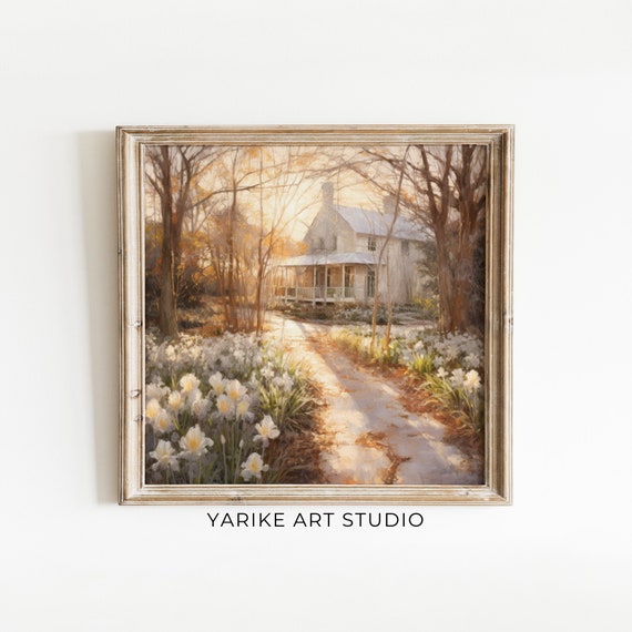 Vintage Country House Painting Rustic Wooden House Print Square Farmhouse Wall Decor 602 Ai