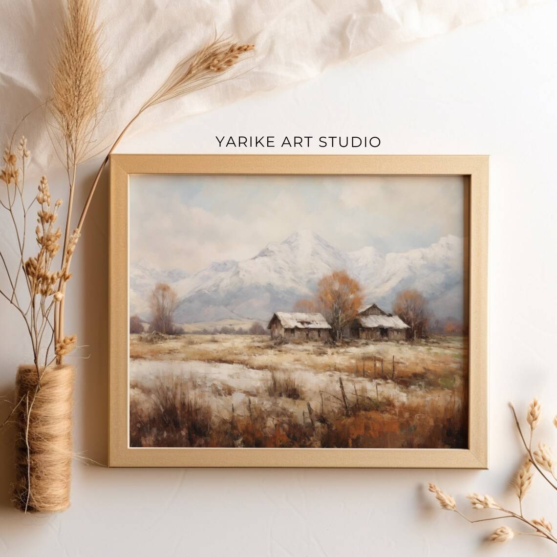 Vintage Winter Cabin Snowy Mountain Landscape Rustic Oil Painting Poster - Image 5