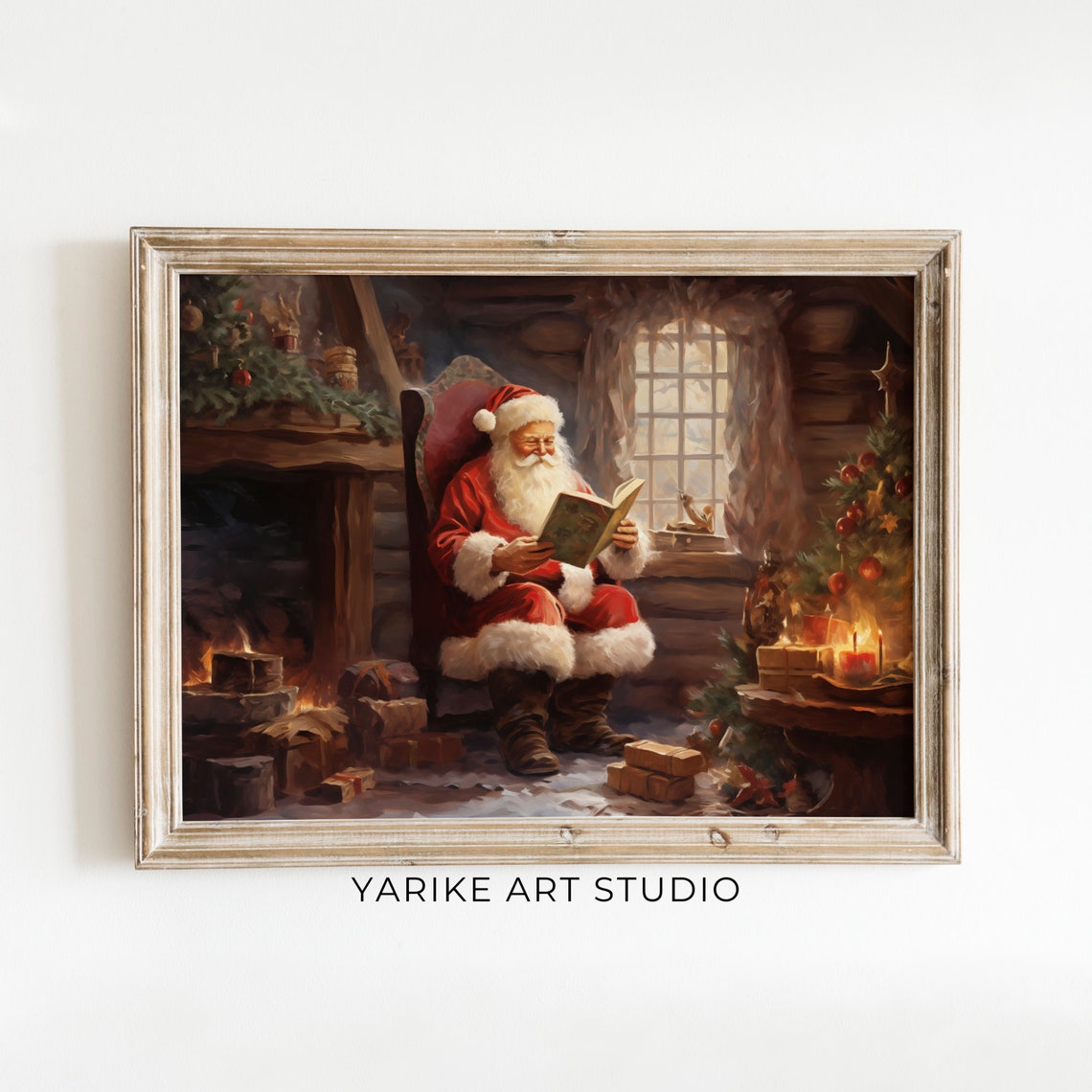 Vintage Santa Claus Reading Book Cozy Cabin Fireplace Christmas Poster