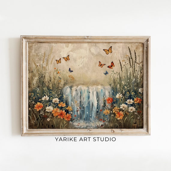 Vintage Garden Waterfall With Butterflies Painting Rustic Cottage Decor Wall Art 648