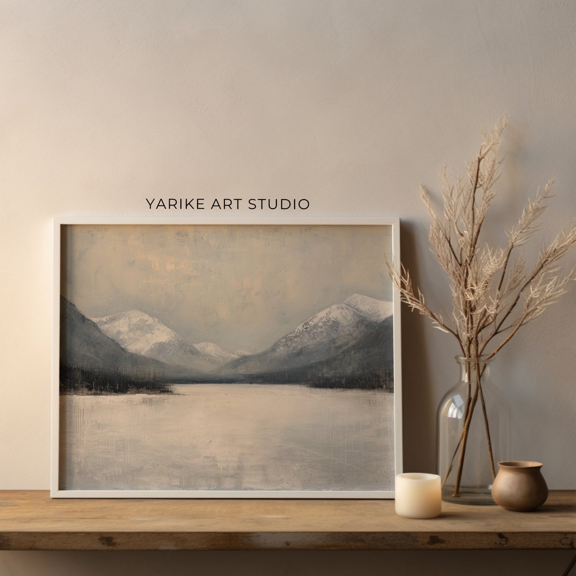 Minimalist Snow Mountain Lake Gray Tonal Winter Landscape Poster - Image 3