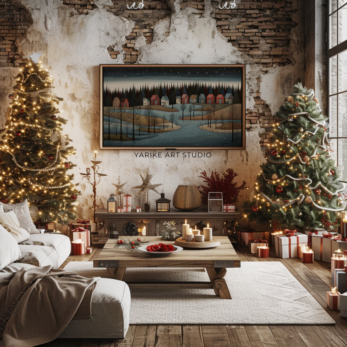 Vintage Winter Town Night Frame Tv Art Christmas Folk Art Frame Tv Screensaver Neutral Holiday Winter Village Landscape Painting 30 Tv - Image 2