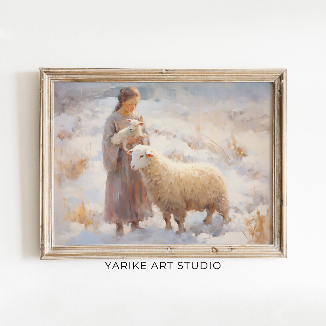 Vintage Girl Holding Lamb With Sheep In Snowy Winter Field Poster - Image 6