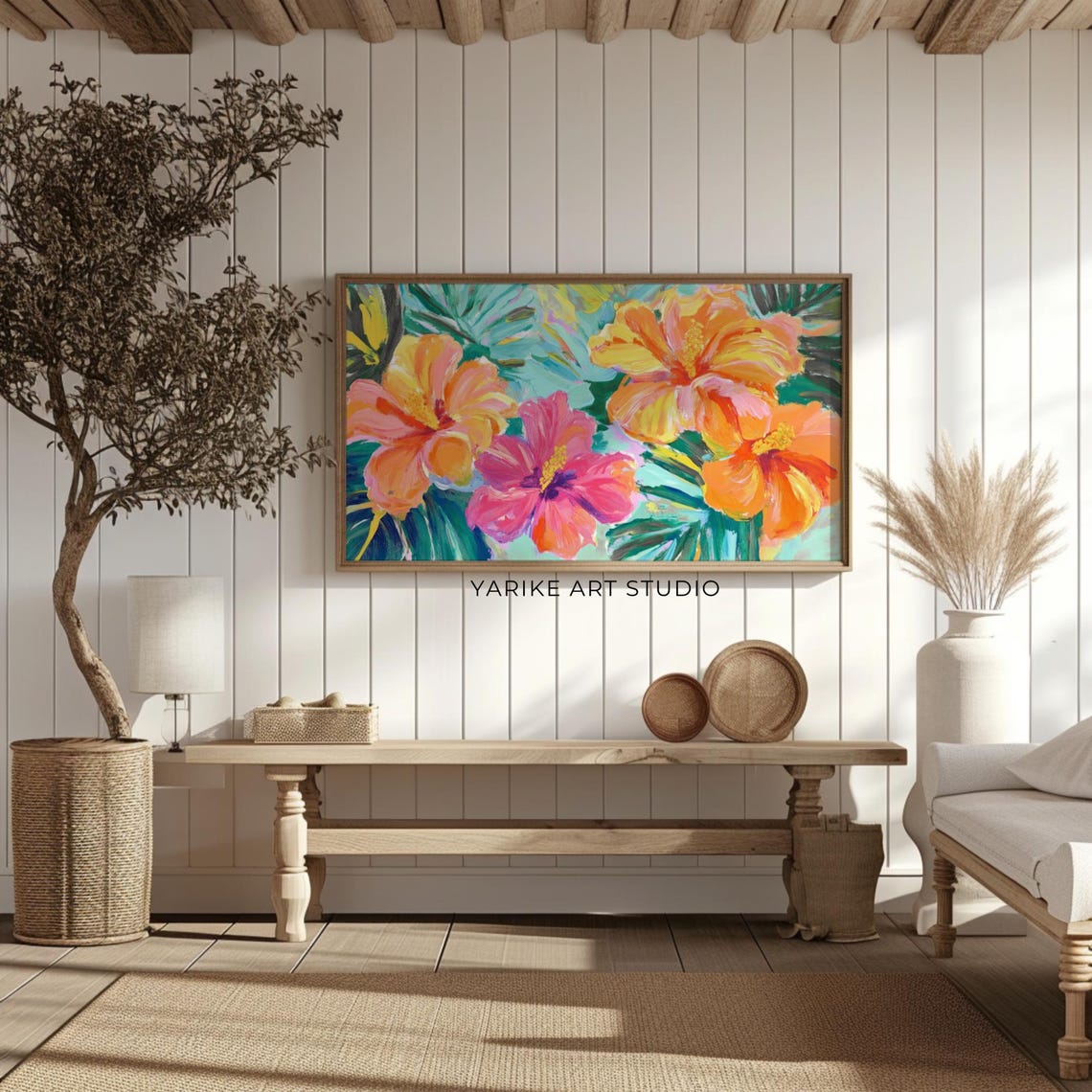 Bold Tropical Hibiscus Flowers In Pink Orange Yellow Artwork Poster - Image 2
