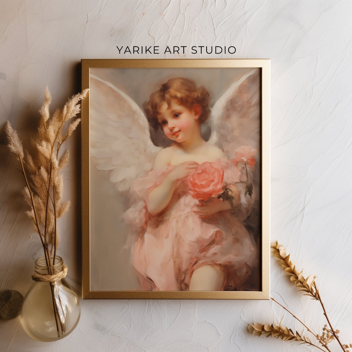 Cherub Child in Pink Dress Holding Rose Vintage Painting Poster - Image 3