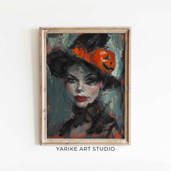 Moody Witch Portrait Painting Pumpkin Hat Vintage Wizard Female Print Abstract Woman Wall Art Halloween Witch Decor Art 809