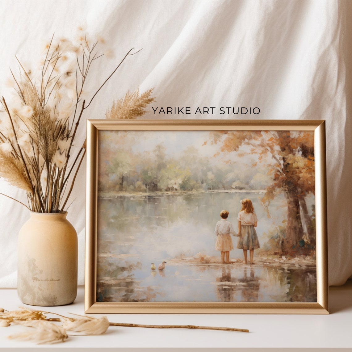Two Children At Autumn Lakeside With Ducks Soft Nostalgic Poster - Image 4