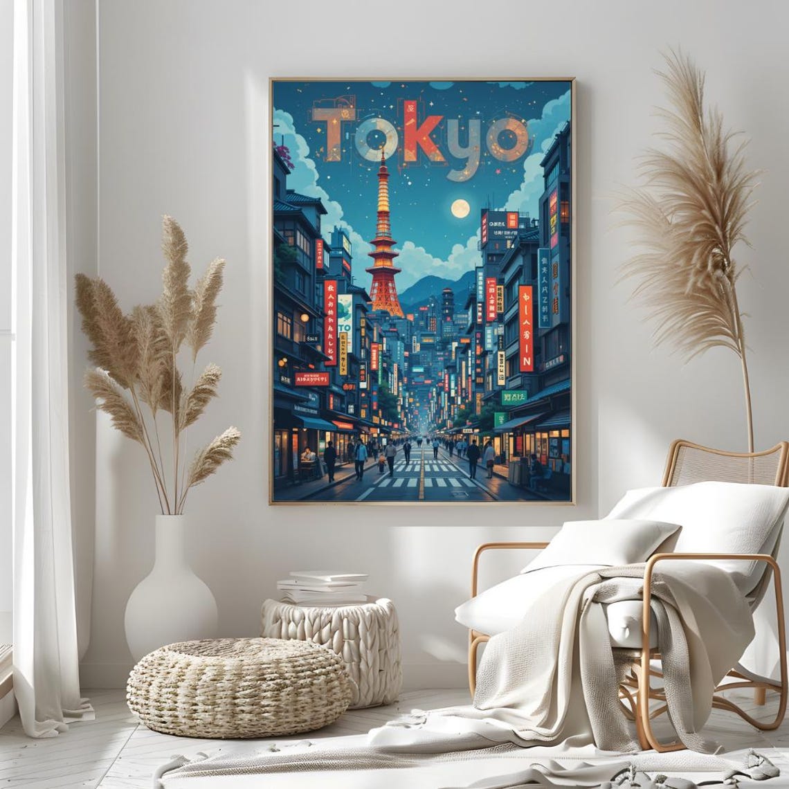 Tokyo Japan Neon Night Street Tokyo Tower Moonlight Art Poster