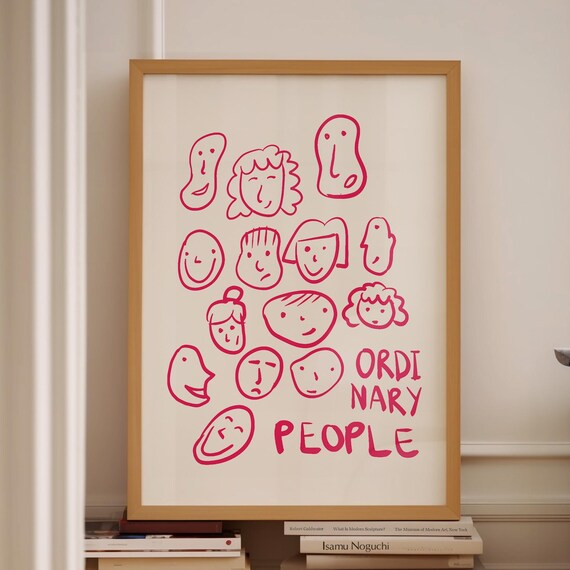 Ordinary People Red Hand Drawn Faces Line Art Exhibition Print