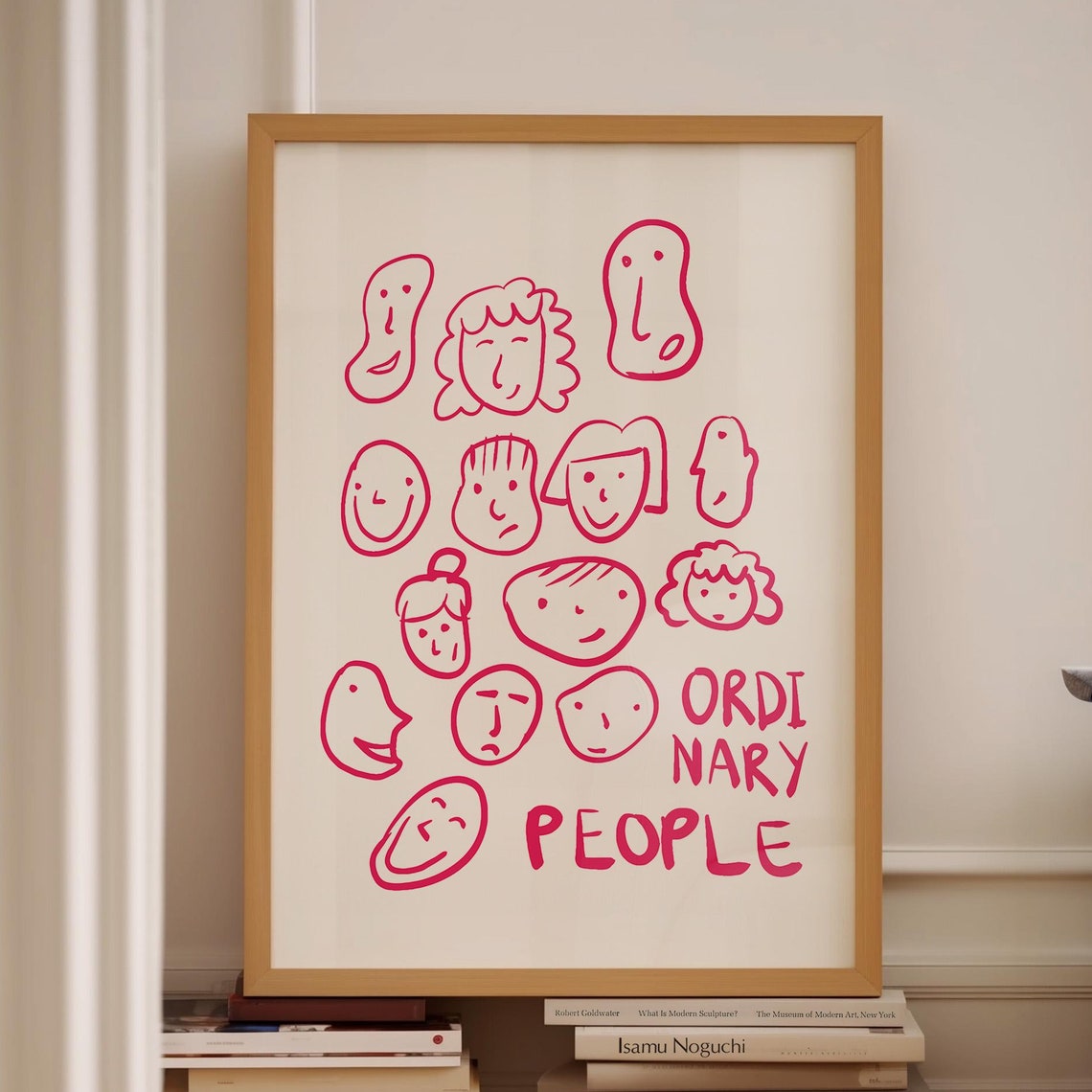Ordinary People Red Hand Drawn Faces Line Art Exhibition Print