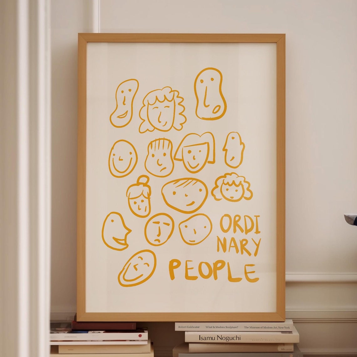 Ordinary People Yellow Doodle Faces Whimsical Portrait Art Print
