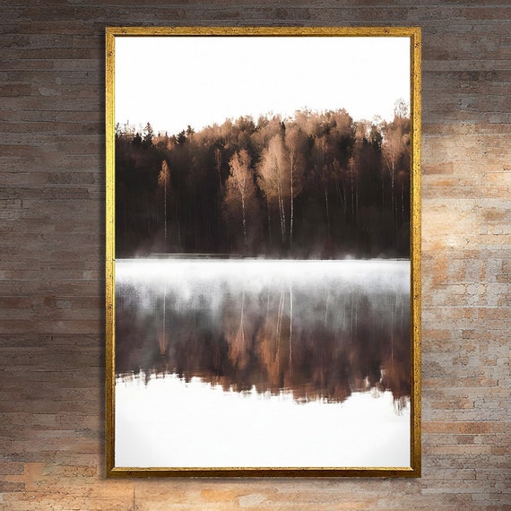 Morning Mist Over Autumn Lake, Serene Landscape Print