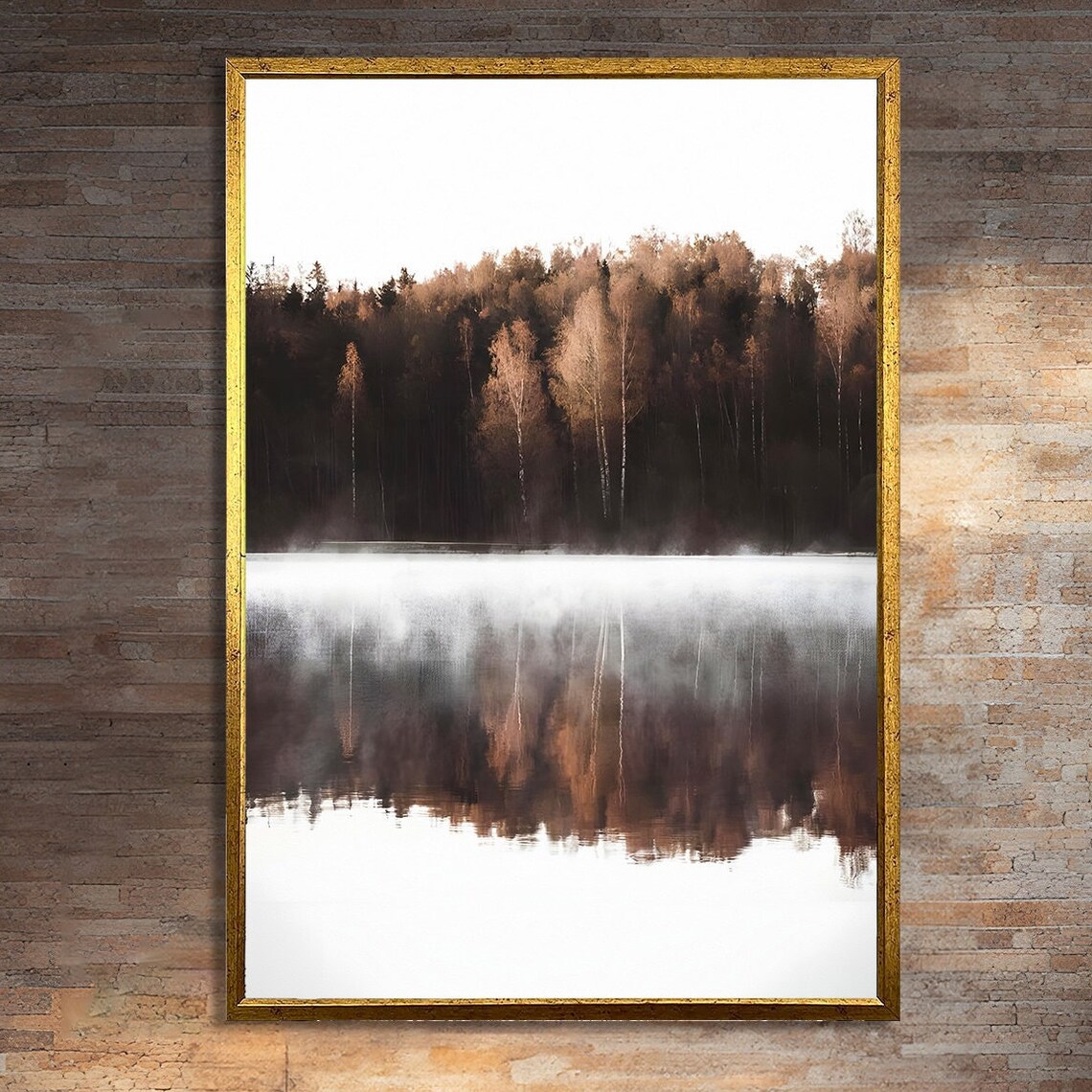 Morning Mist Over Autumn Lake, Serene Landscape Print