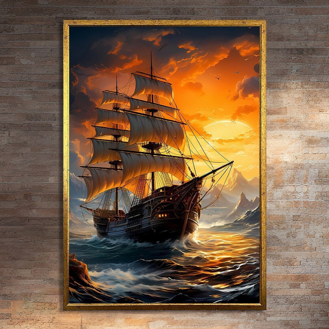 Majestic Tall Ship At Sunset, Nautical Art Print