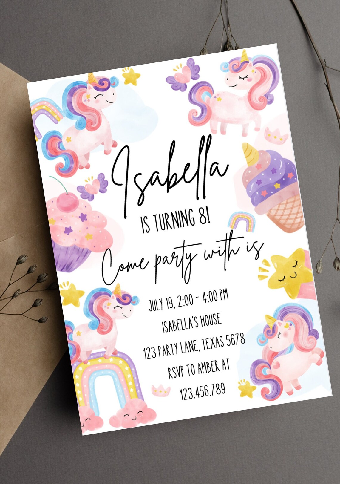 Magical Unicorn Birthday Invitation Rainbow Party Editable Invite Print - Image 2