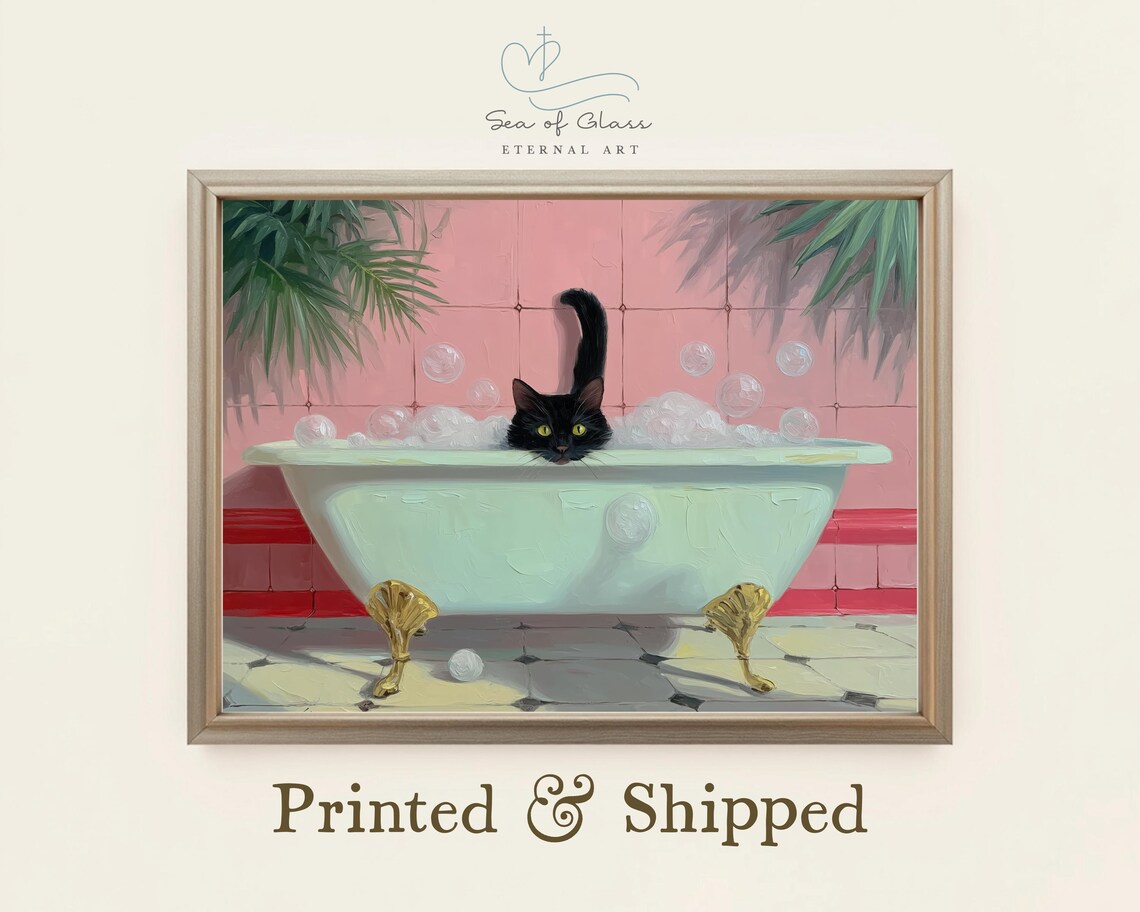 Black Cat in Clawfoot Tub Retro Bathroom Art Print
