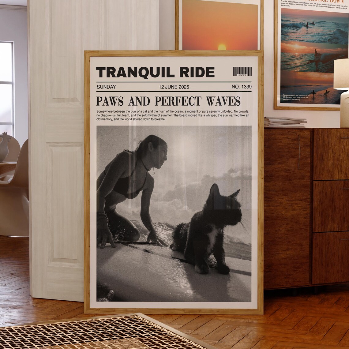 Tranquil Ride Surfer Cat Newspaper Style Black And White Poster