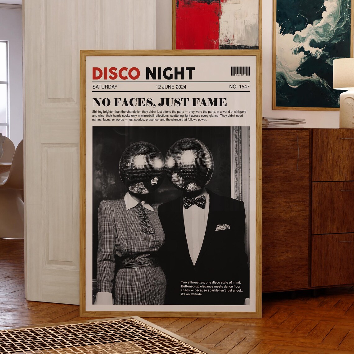 Newspaper Disco Ball Retro Bar Cart Art Print