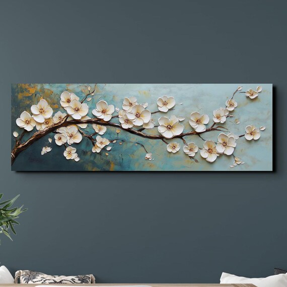 White Cherry Blossom Oil Painting Ready To Hang Panoramic Wall Art Print Large Wall Art Panoramic Wall Art
