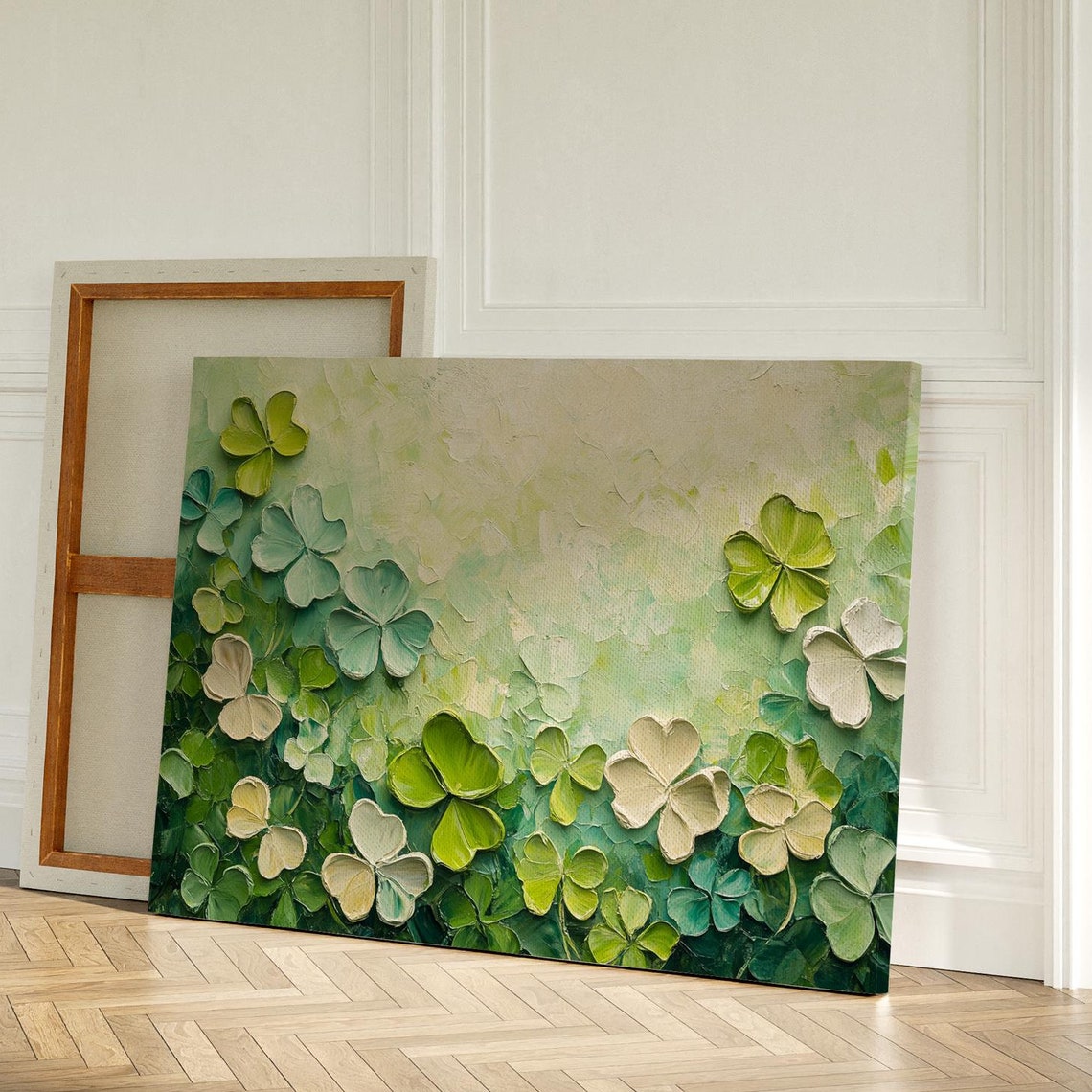 Impasto Green And White Clovers Textured Botanical Garden Wall Art