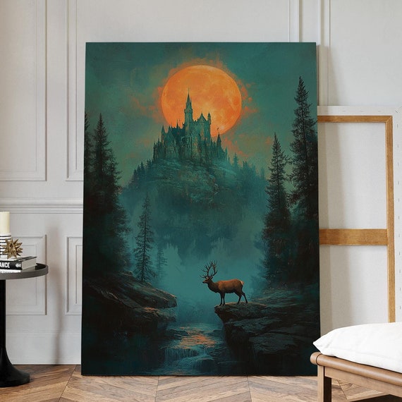 Majestic Gothic Castle And Stag Wall Art Enchanted Forest Landscape With Full Moon For Fantasy Inspired Mystical Home Decor
