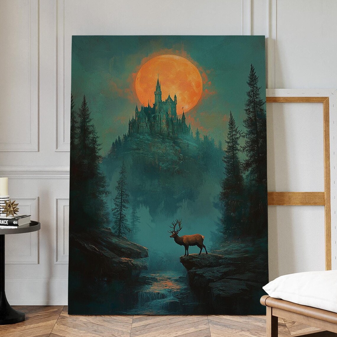 Moonlit Castle On Misty Cliff With Elk Epic Fantasy Night Poster