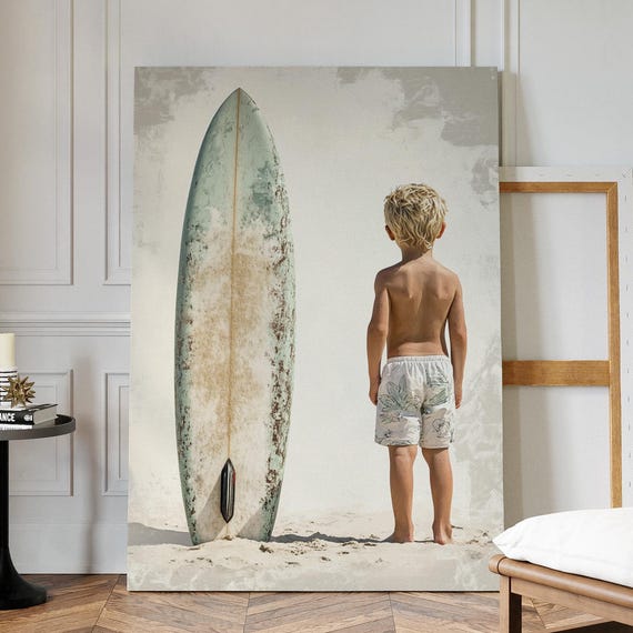 Boy With Surfboard Canvas Wall Art Minimalist Beach Nursery Print Coastal Summer Decor Vintage Surf Style Poster For Kids Room